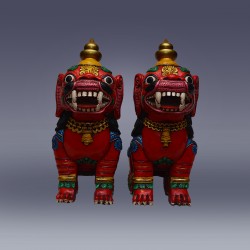 wooden lion pair, front